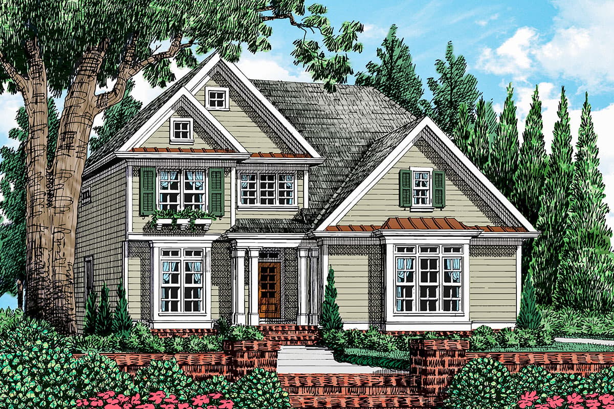 House plan exterior featuring a two-story Craftsman style home with gabled roof, dormers, and window shutters. Front entry has a covered porch.