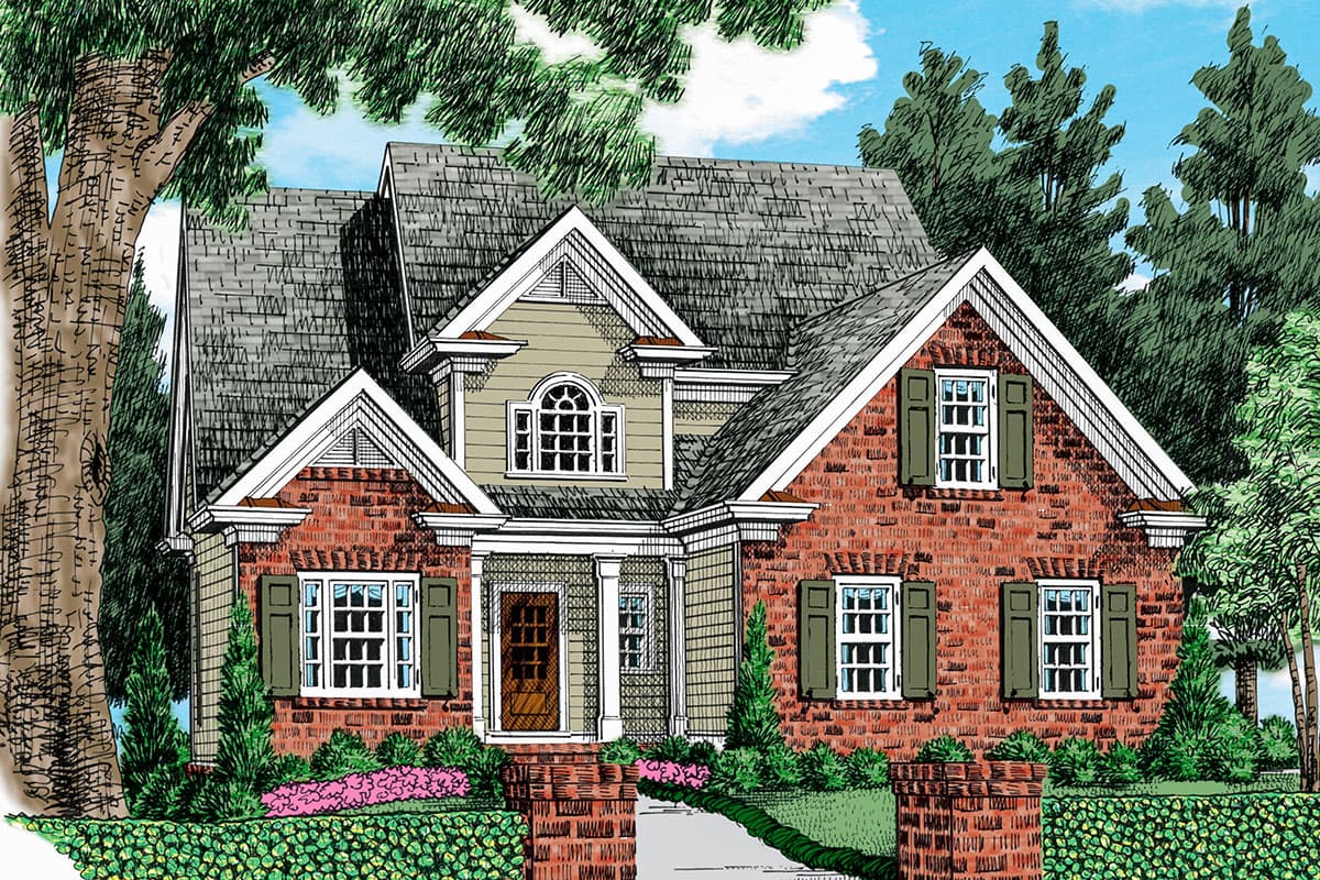House plan exterior with brick facade, multi-gabled roof, and detailed trim. Features a front porch and dormer windows.