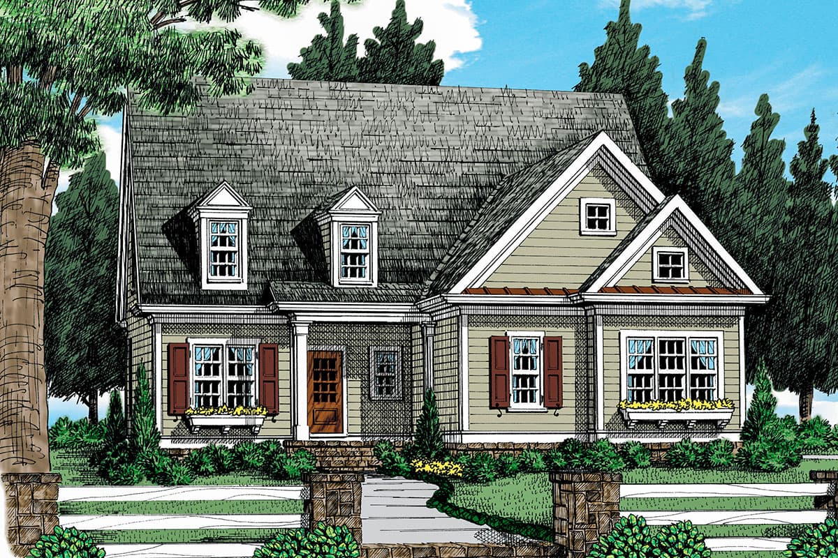 House plan exterior. Craftsman style with two stories, gabled roof, dormers, and a covered porch. Features window boxes and decorative shutters.