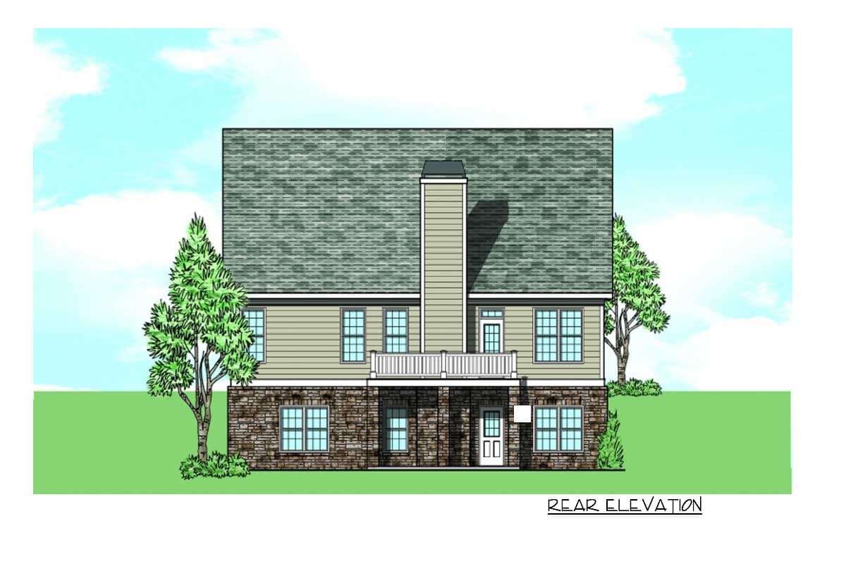 Rear elevation house plan: two stories, stone base, siding, central chimney, second-story balcony.
