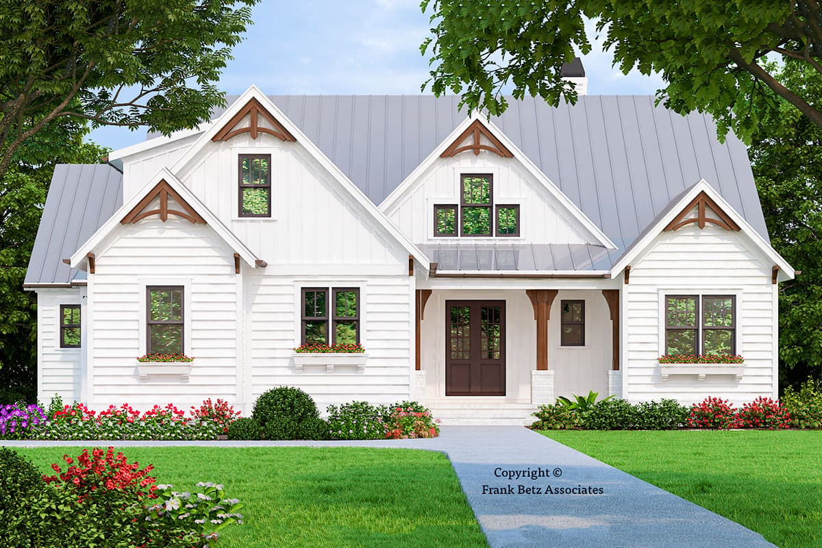 House plan exterior rendering. Modern farmhouse style with gabled roof, exposed rafter tails, and a front porch. Two story home with multiple dormers.