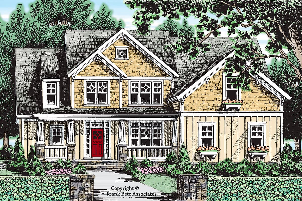 House plan exterior with Craftsman style, two stories, front porch with columns, multiple gables, and dormers.