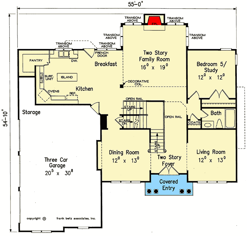 Plan 710063BTZ: 5-Bedroom House Plan with 2-Story Family Room - Floor Plan - Main Level - Southern, Traditional