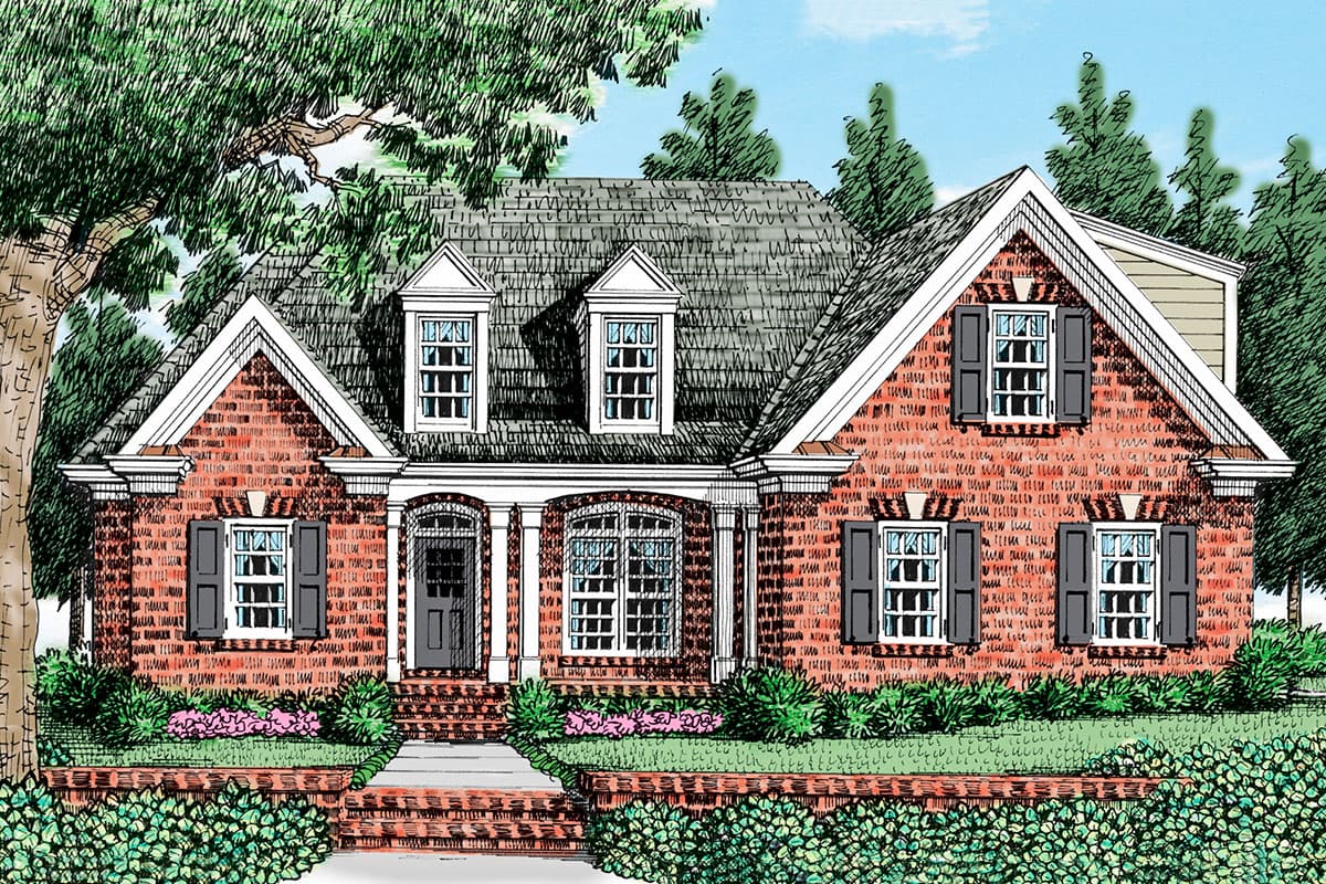 House plan exterior with brick facade, multi-gabled roof, and dormers. Features include shutters, brick steps, and a portico with columns.