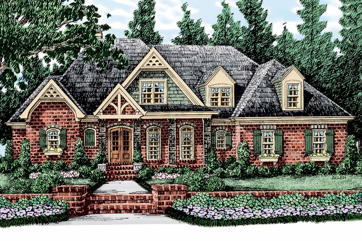 House plan exterior with brick facade, steeply pitched roof, multiple gables, dormers, and arched entryway.