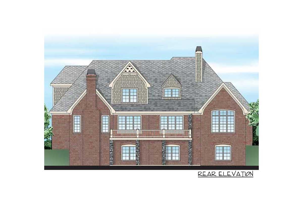 Rear elevation drawing of a brick house with multiple gables, dormers, chimneys, and a second-story balcony.