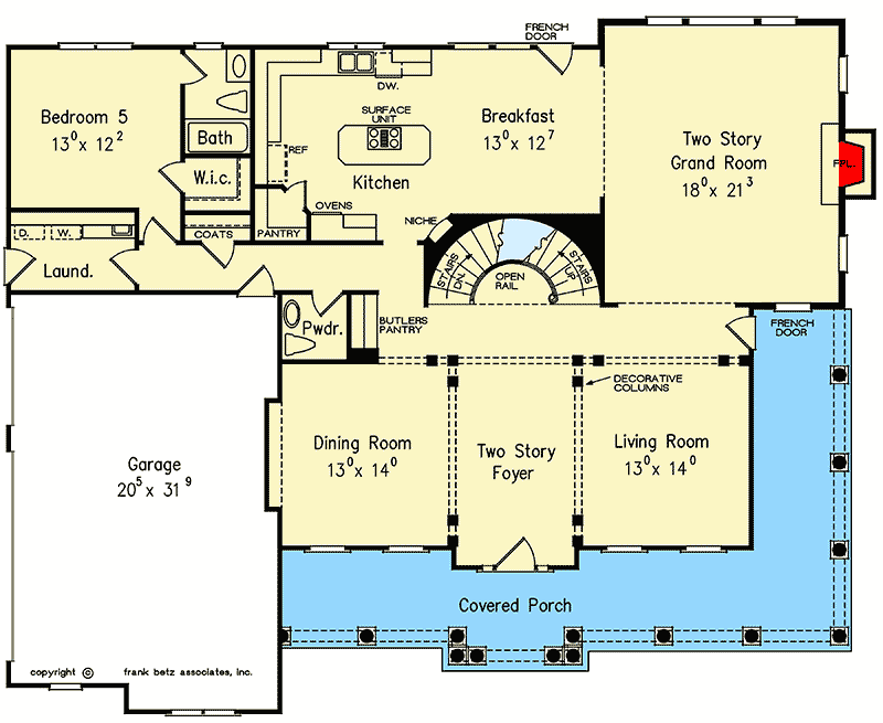 Plan 710071BTZ: 5-Bed House Plan with Curved Open Rail Staircase - Floor Plan - Main Level - Southern, Traditional