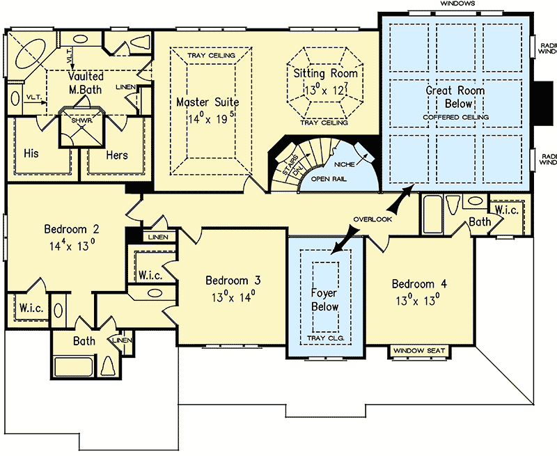 Plan 710071BTZ: 5-Bed House Plan with Curved Open Rail Staircase - Floor Plan - 2nd Floor - Southern, Traditional