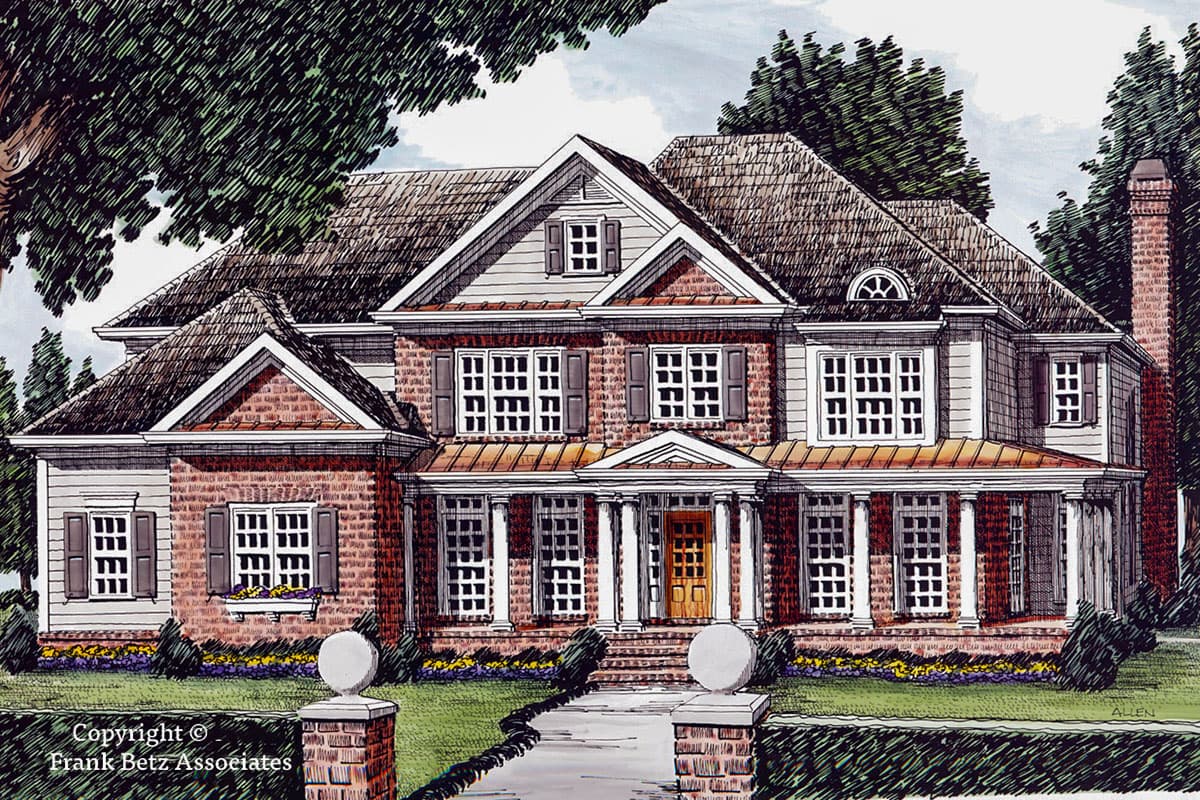 House plan exterior: Two-story Colonial Revival with symmetrical facade, columned porch, multiple gables, and brick and siding exterior.