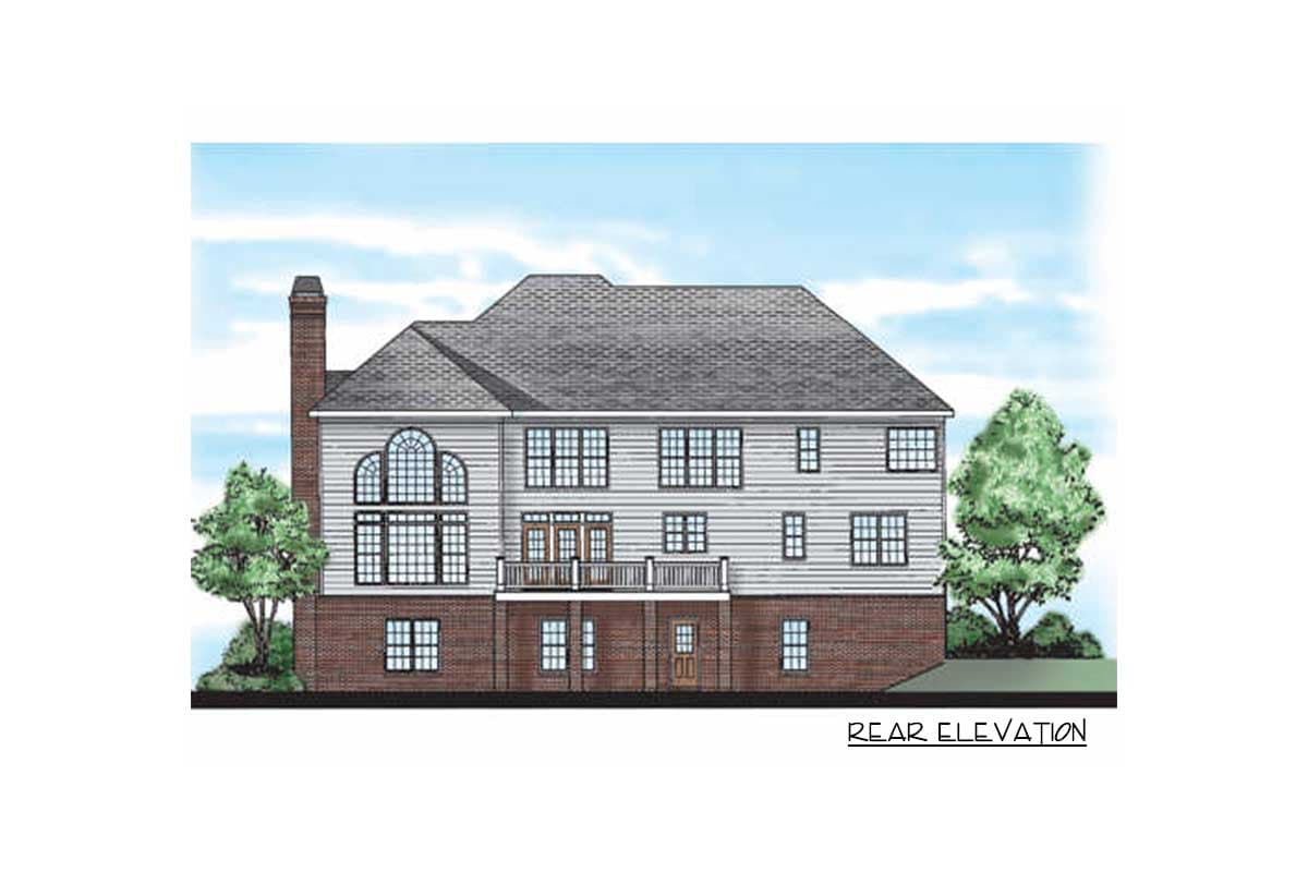 Rear elevation drawing of a two-story house with a brick foundation, large arched window, balcony, and gabled roof.