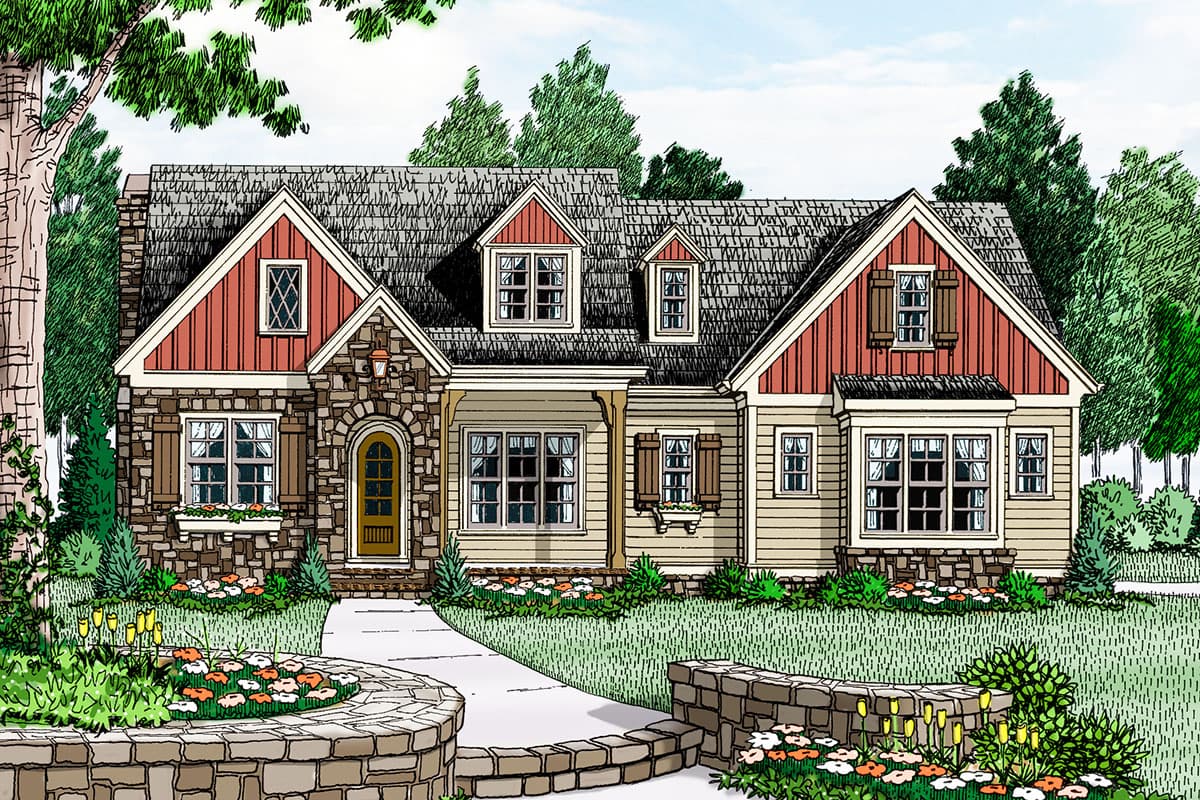 House plan exterior. Craftsman style with stone facade and gables. Features include dormers, window shutters, and a covered porch.