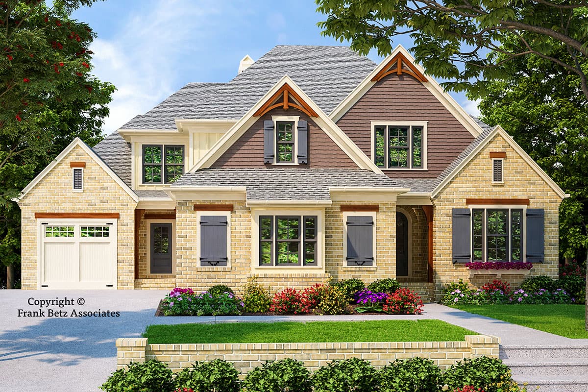 House plan exterior. Craftsman style, two-story home with gabled roof, dormers, and brick facade. Features include shutters and garage.