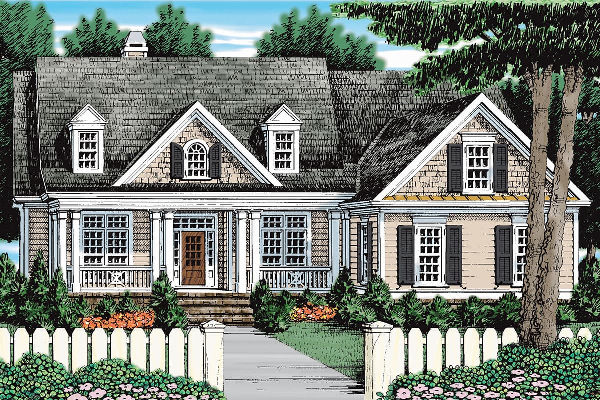 House plan exterior featuring a two-story home with a gabled roof, dormers, and a covered porch. A white picket fence lines the front yard.