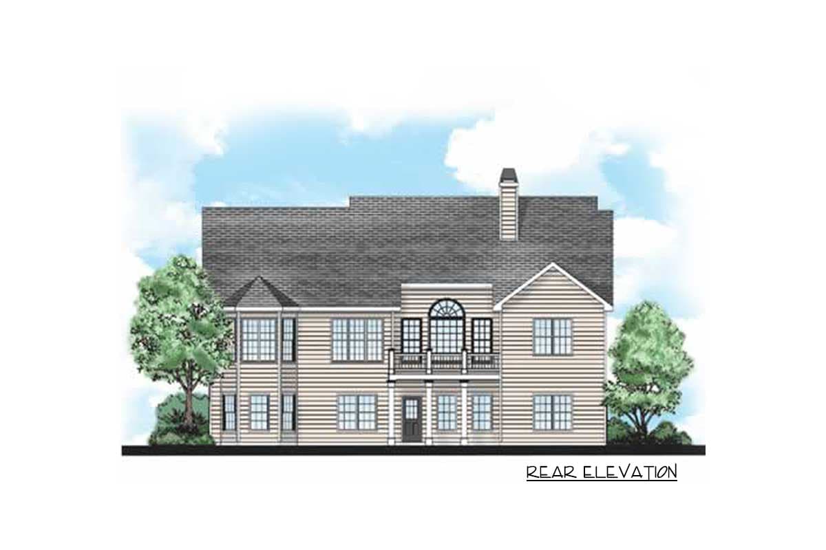 Rear elevation of a two-story house plan with a prominent gabled dormer, central balcony, and multiple windows.