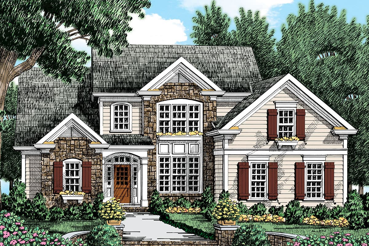 House plan exterior showing a two-story home with stone accents, multiple gables, arched entryway, and dormers.