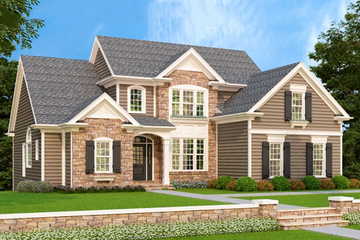 House plan exterior with stone and siding, two stories, front-facing gables, multiple window styles, and a covered entry.