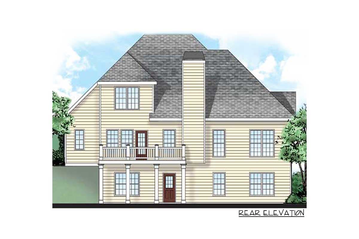 Rear elevation of a two-story house plan with a large central chimney, double-level deck, and numerous windows.