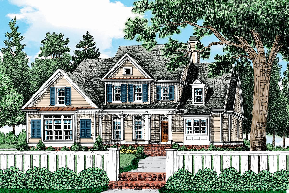 House plan exterior featuring a two-story design with a front porch, multiple dormers, and gabled rooflines. The house includes shuttered windows.