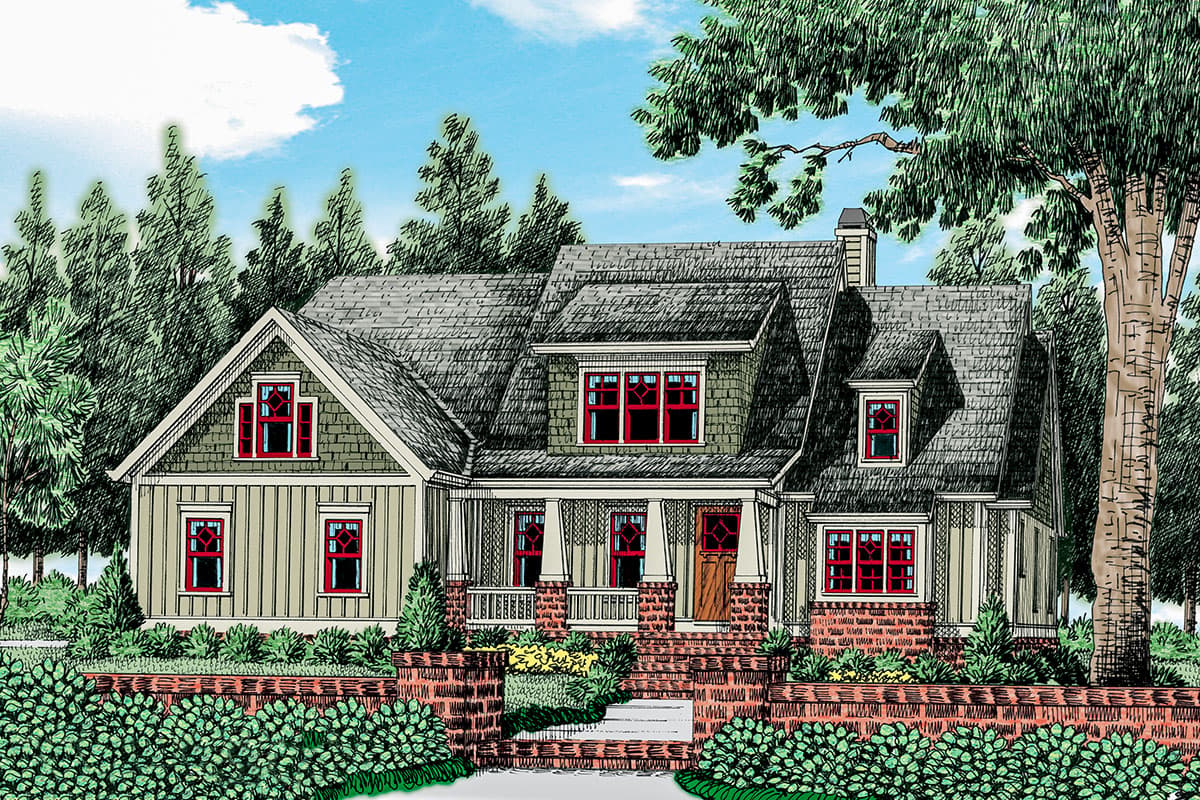 House plan exterior rendering. Craftsman-style home with gabled roof, dormers, and a covered porch with brick detailing.