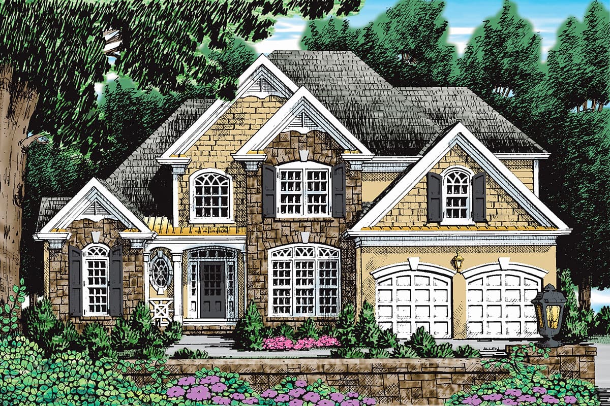 House plan exterior: Two-story home with stone and shingle siding, gables, arched windows, and a two-car garage.