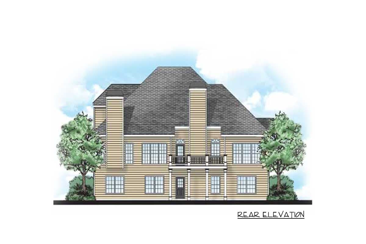 Rear elevation house plan with hip roof, two prominent chimneys, and a second-story balcony.