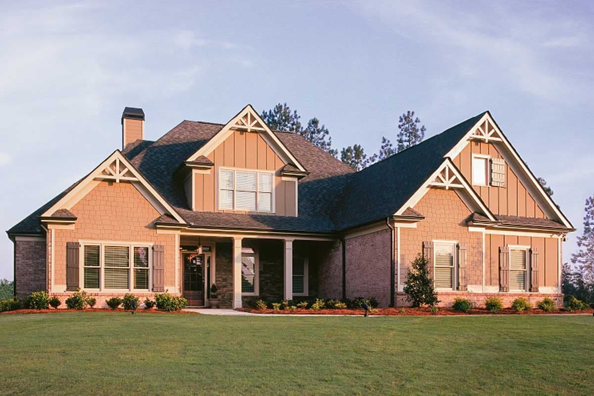 House plan exterior featuring a covered front porch, prominent gables with decorative trim, and mixed siding materials.