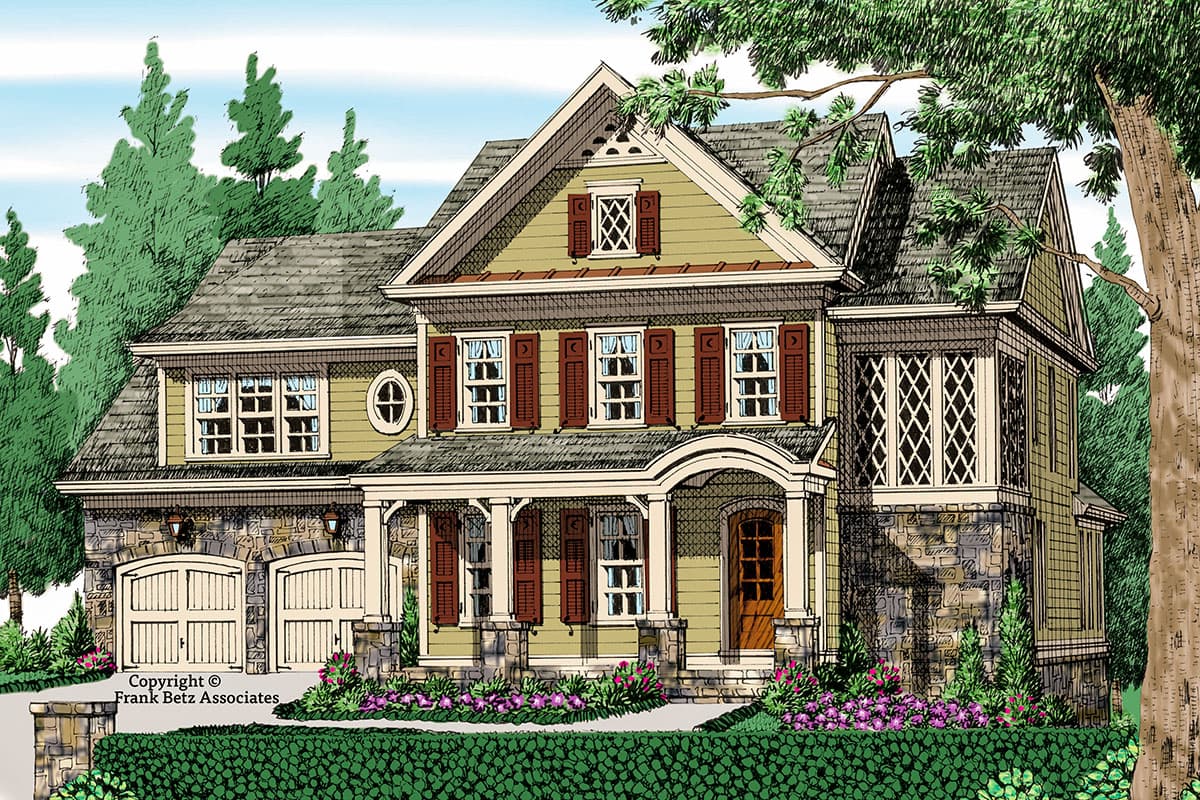 House plan exterior. Two-story home with stone base, covered porch, dormer, and two-car garage.