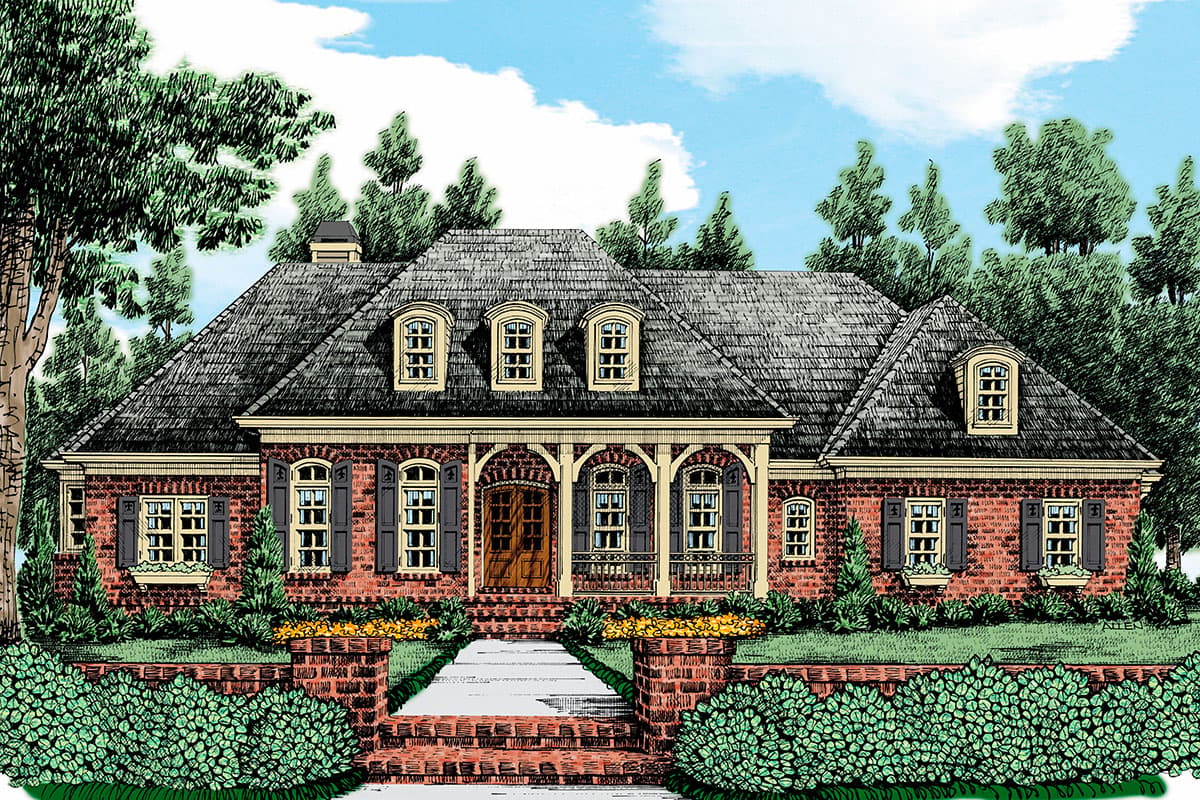House plan exterior: One-story brick home with a hipped roof, dormer windows, a covered entry porch, and shutters.