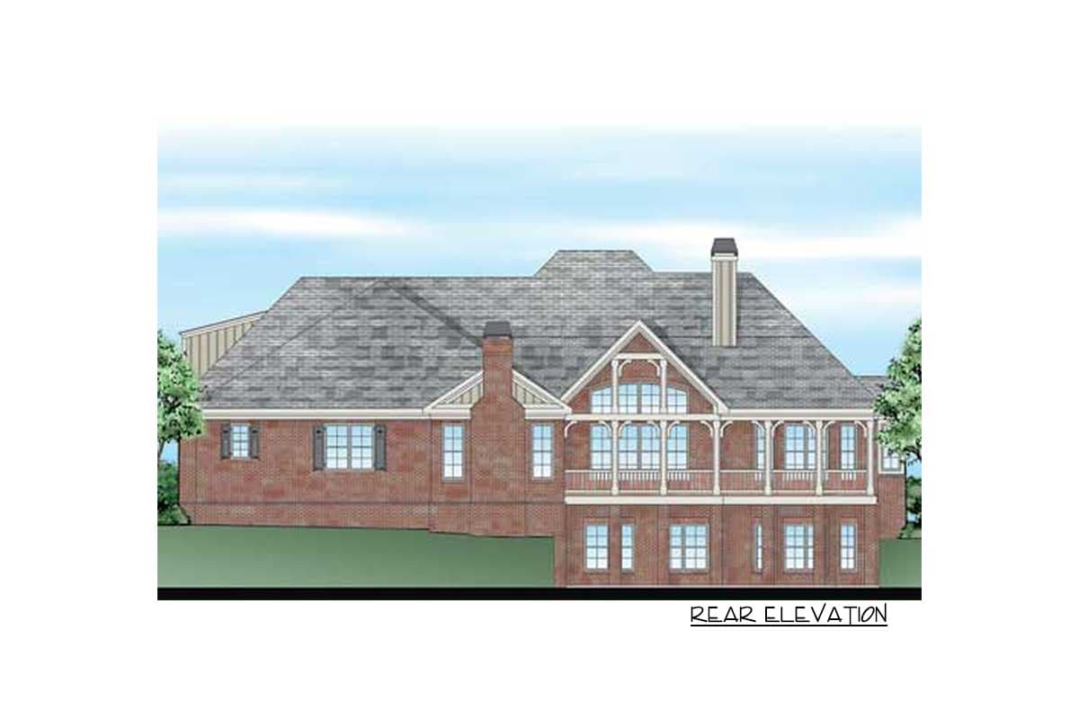 Rear elevation house plan with brick facade, multiple gables, prominent chimney, and a wraparound balcony.