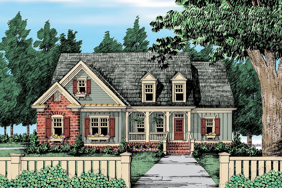 House plan exterior featuring a two-story Craftsman style home with dormers, a front porch, and brick accents. Shingle roof visible.
