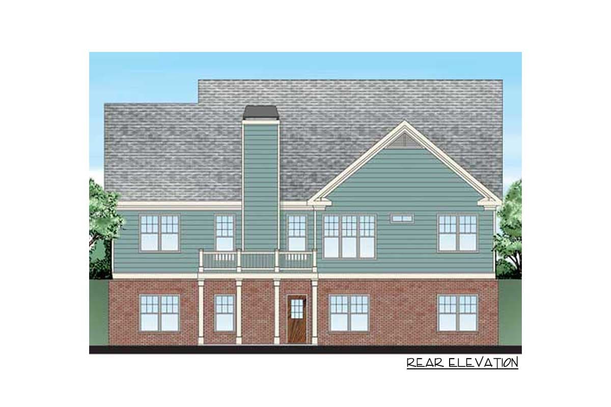 Rear elevation of a two-story house plan with a brick lower level, siding upper level, prominent chimney, and upper-level balcony.