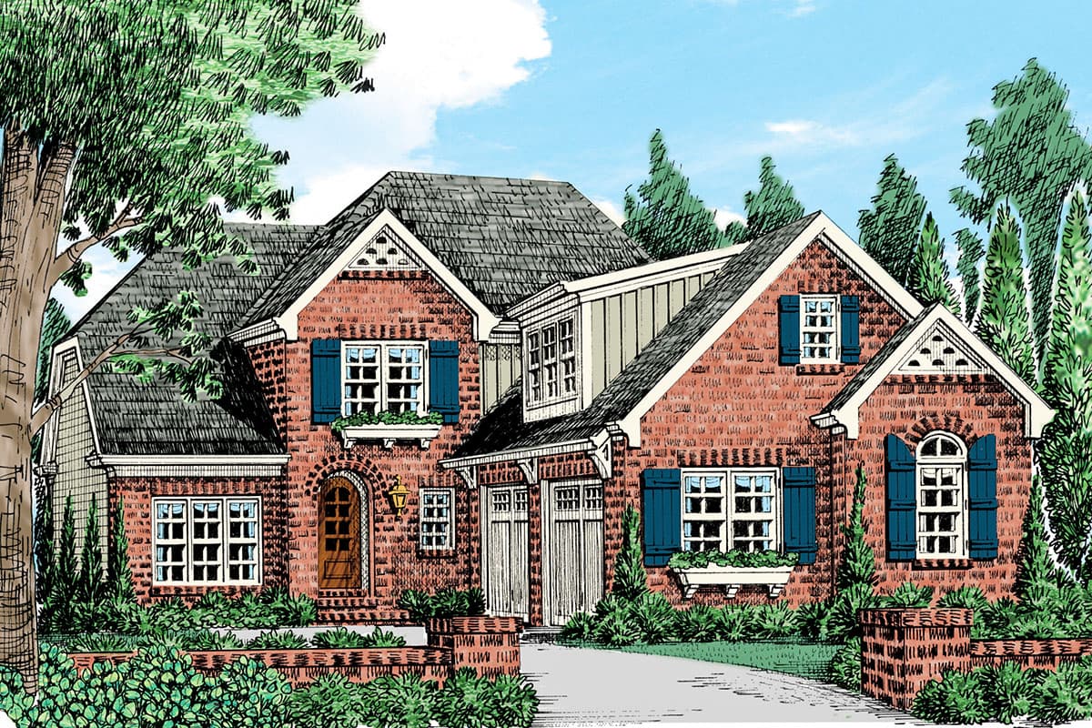 House plan exterior. Two-story brick home with gabled roof, dormers, and front-facing garage. Features include blue shutters and arched doorway.