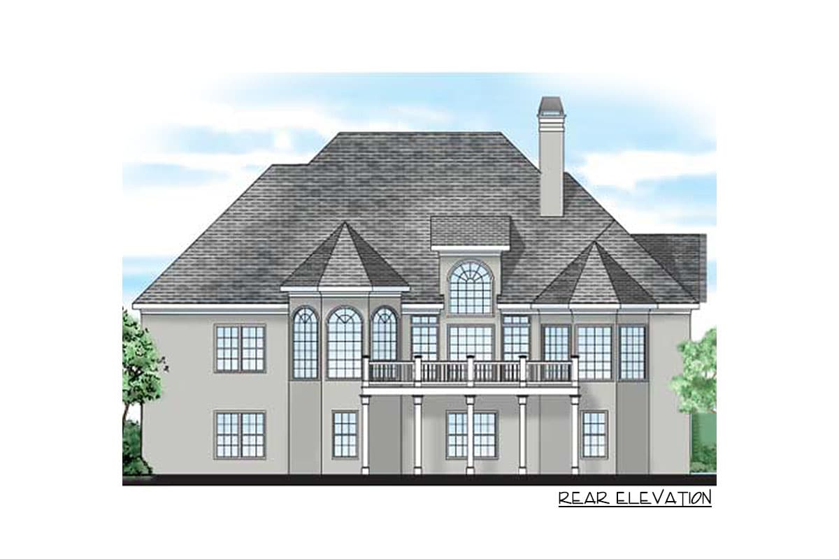 Rear elevation house plan with a covered balcony, multiple gables, arched windows, and a prominent chimney.