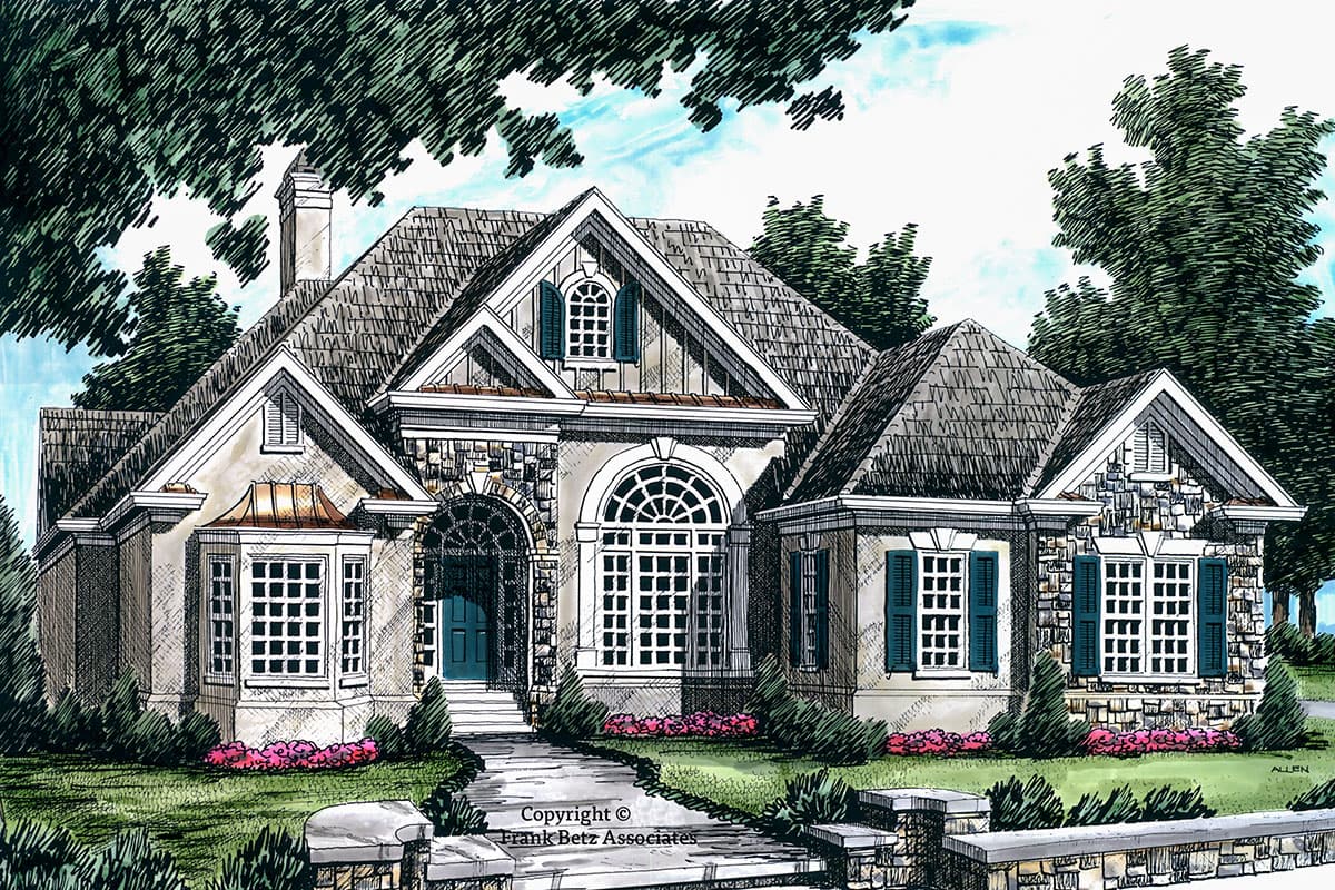 House plan exterior with stone accents, arched entryway, bay windows, dormers, and varied rooflines.