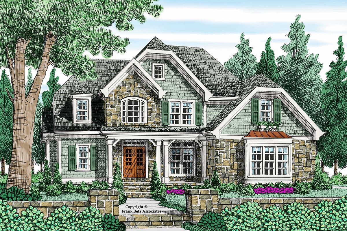 House plan exterior with stone and shingle siding, gables, dormers, covered porch with columns, and bay window.