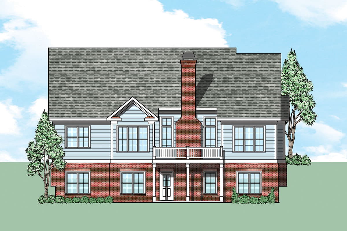 Two-story house plan exterior with blue siding, brick lower level, gable dormer, central chimney, and second-story balcony.