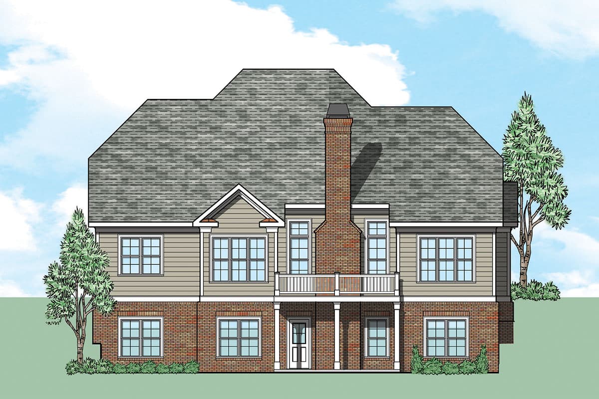 House plan exterior: two-story dwelling with brick base, siding upper, prominent chimney, and second-story balcony.