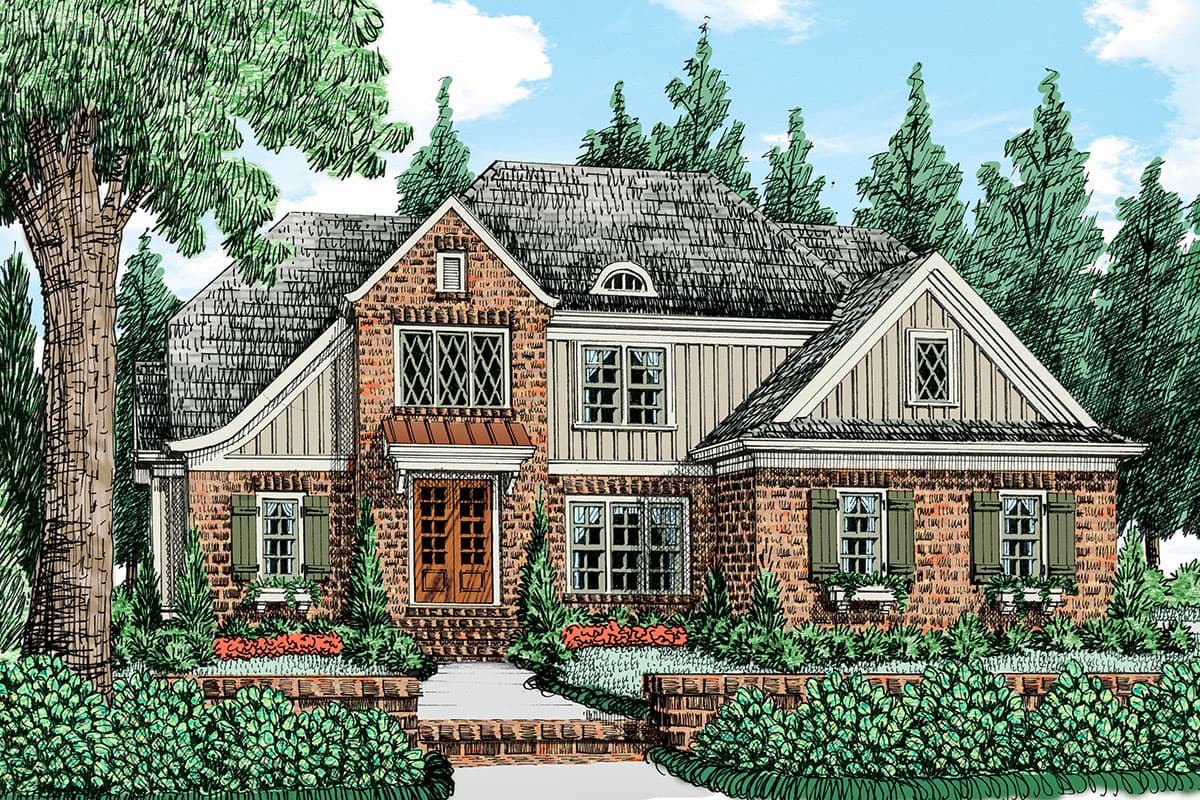 House plan exterior. Two-story, brick facade, gabled roof, and dormers. Features a covered entry and multiple window styles.