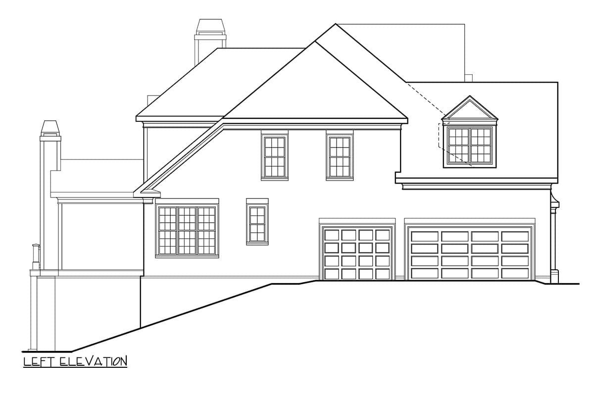 Left elevation of a two-story house plan featuring a dormer, multiple windows, two garage doors, and a chimney.
