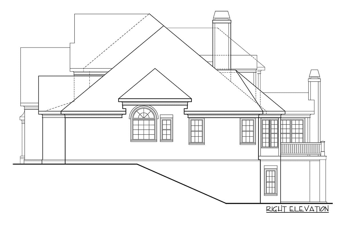 Right elevation of a house plan showing multiple gables, a Palladian window, and a hipped roofline.