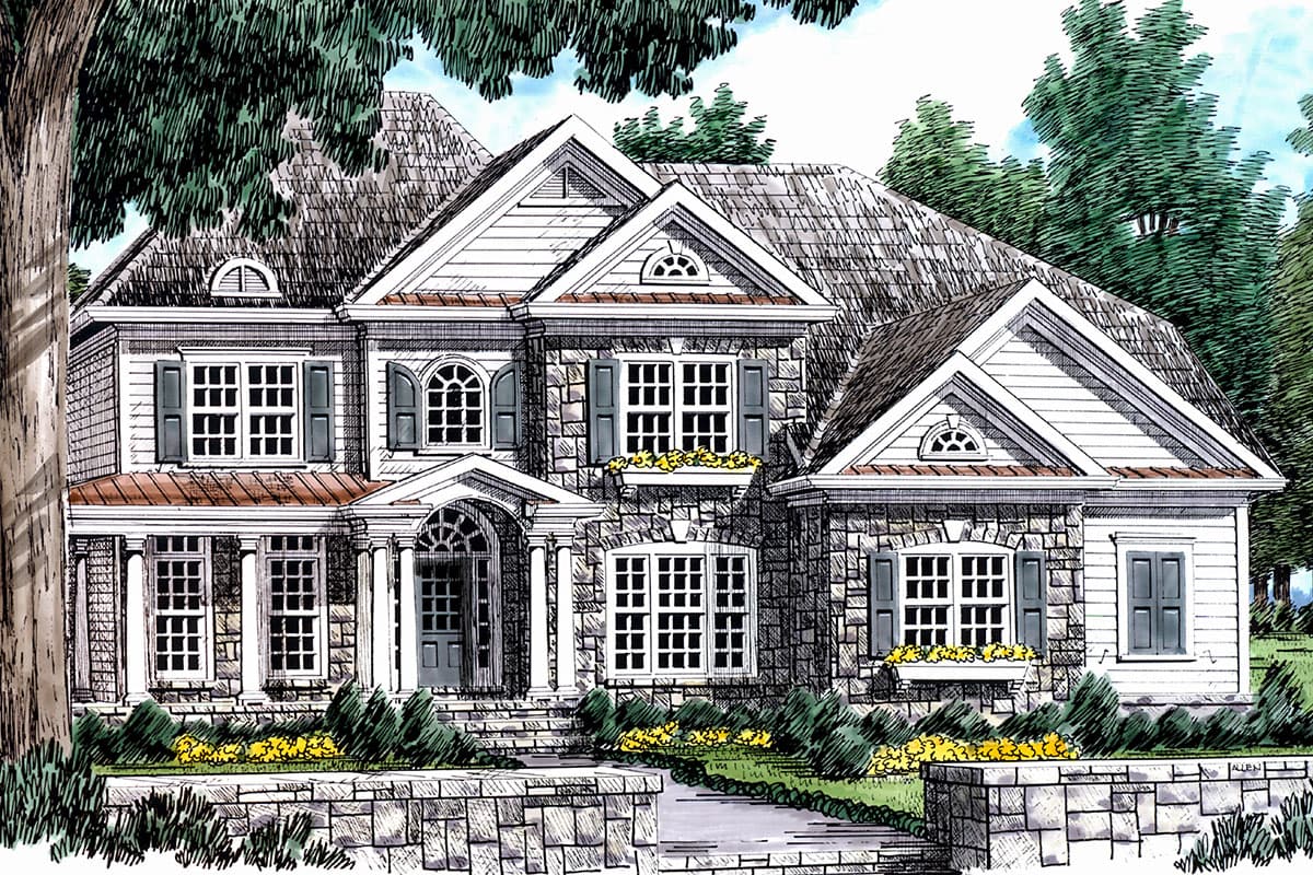 House plan exterior: two-story, stone and shingle facade, portico entrance with columns, multiple gables, dormer windows.