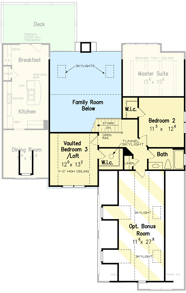 Plan 710101BTZ: 3-Bed House Plan with Courtyard-Entry Garage with Bonus Room Above - 1975 Sq Ft - Floor Plan - 2nd Floor - New American, Southern, Traditional