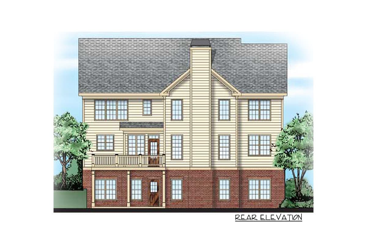 Rear elevation of a three-story house plan with a prominent chimney, a second-story deck, and brick foundation.