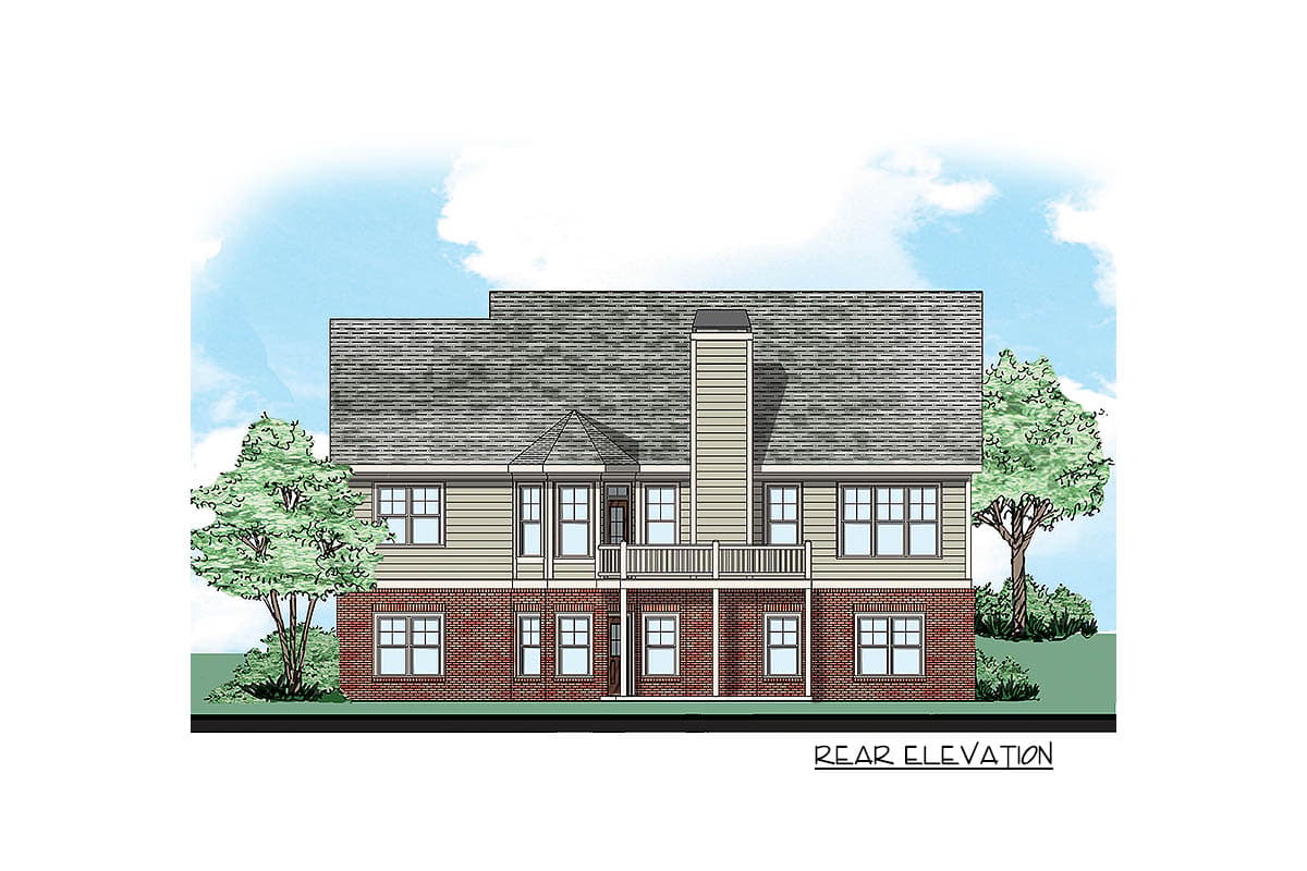 Rear elevation drawing of a two-story house with brick foundation, siding, chimney, and a second-story deck.