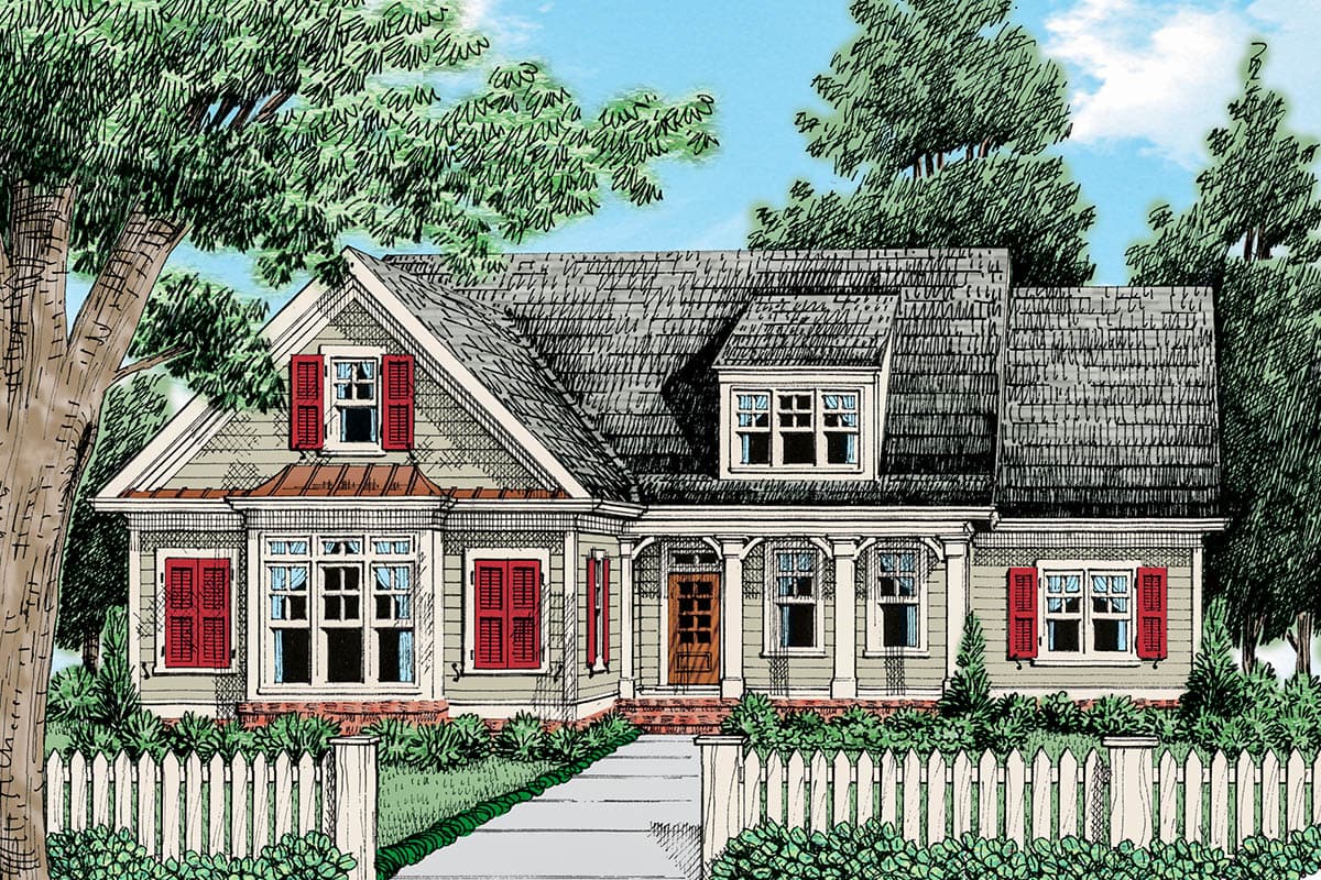 House plan exterior. Craftsman style with two stories, gabled roof, dormers, and a front porch. Features red shutters and a picket fence.