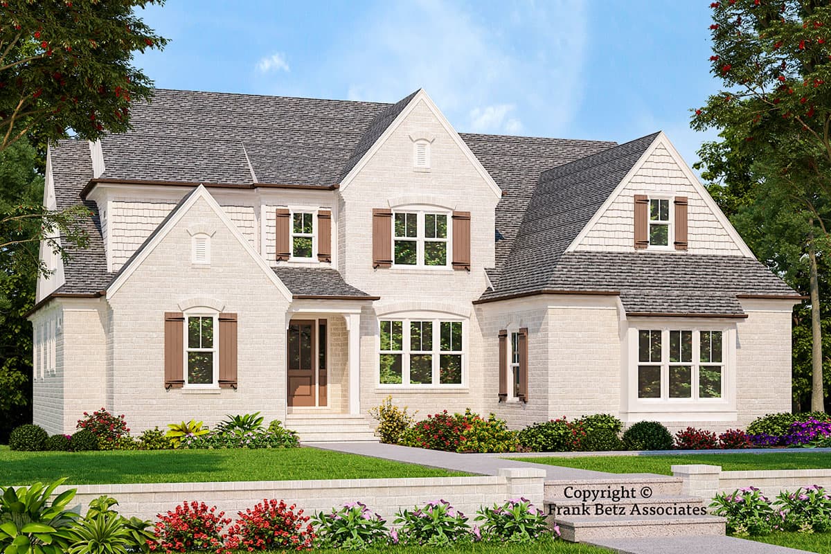 House plan exterior featuring a two-story design in a classic style with multiple gables, dormers, and a prominent roofline.
