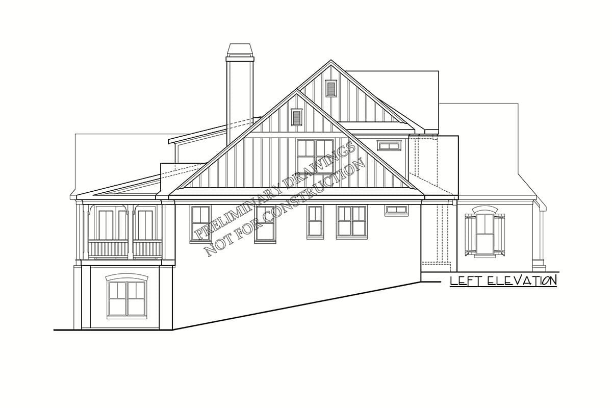 Left elevation house plan drawing with gabled roof, dormer, chimney, and double-balcony.