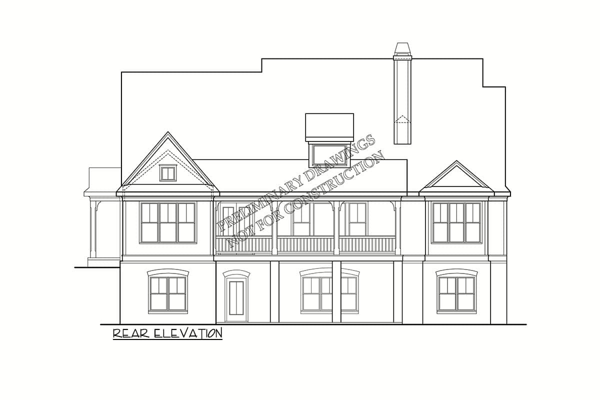 Rear elevation house plan showing a two-story design with a wraparound porch, multiple gables, dormers, and a chimney.