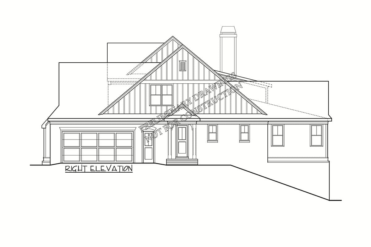 House plan right elevation showing a two-story home with a garage, gabled dormer, and chimney.