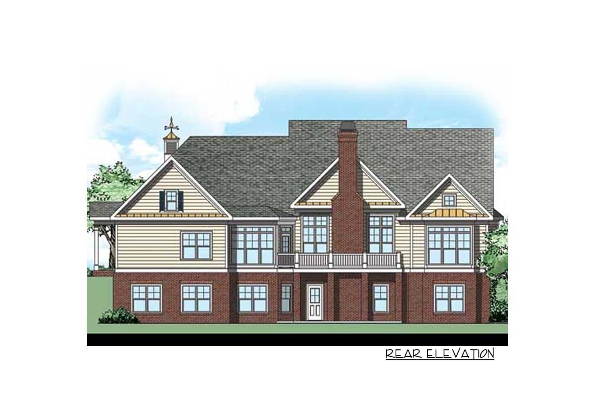 Rear elevation of a two-story house plan featuring gables, a prominent brick chimney, and a second-story balcony.